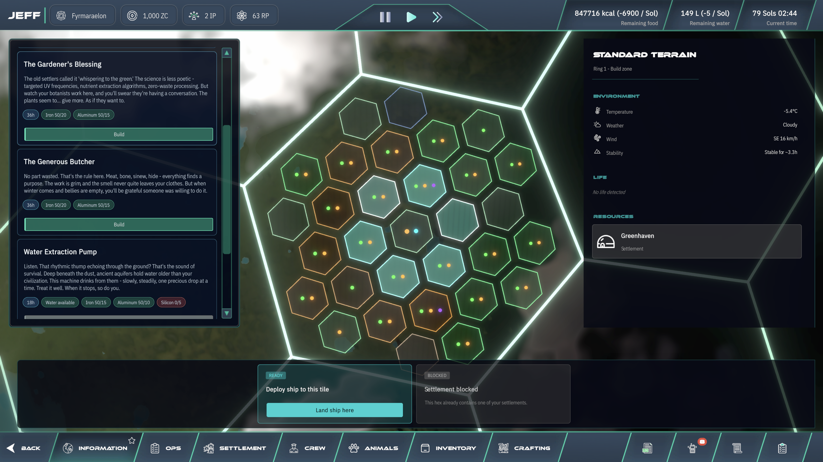 Planet surface with hex grid and colony buildings
